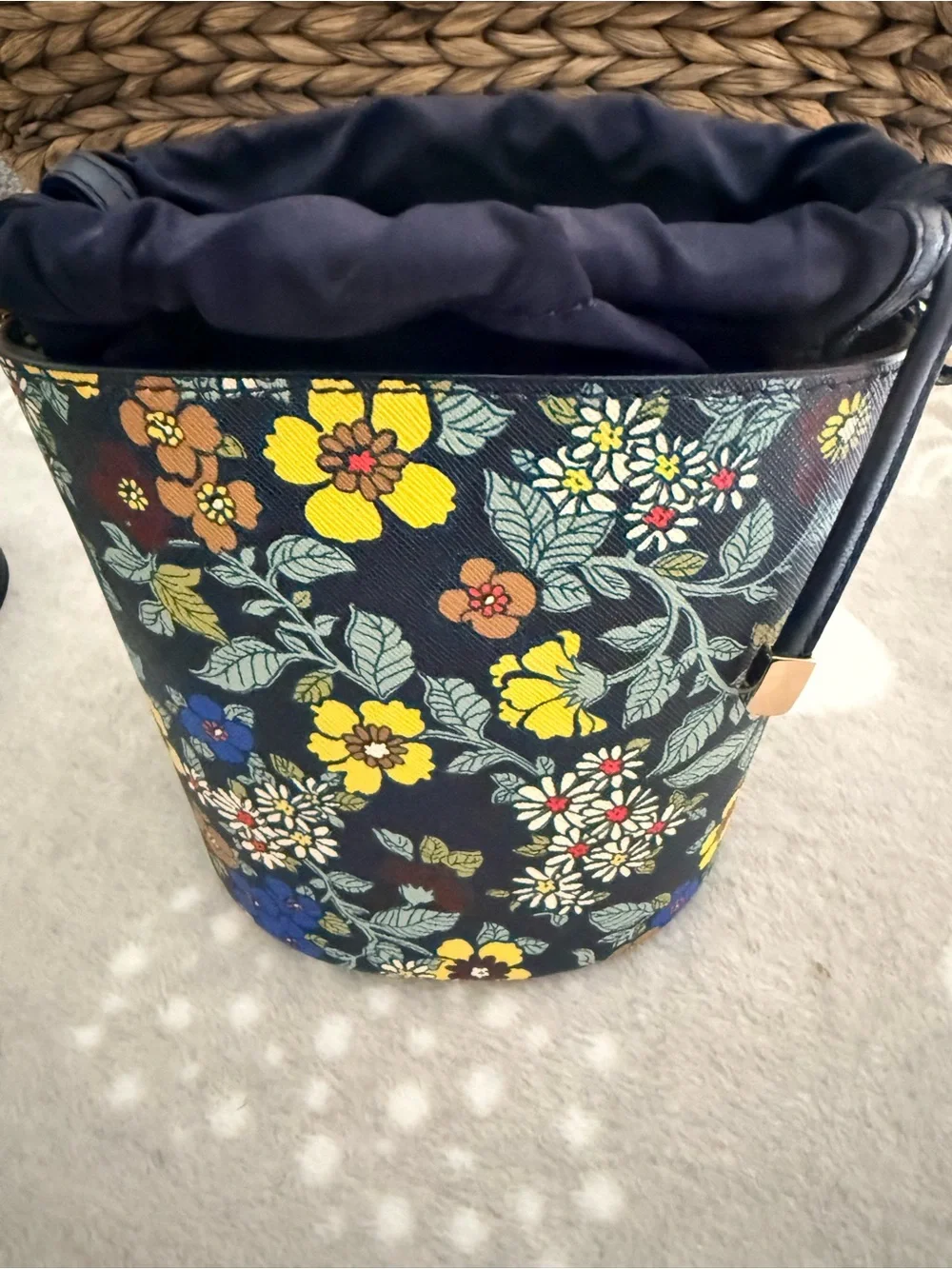 Tory Burch Navy Floral Mini Bucket Bag with Yellow & Blue Blooms